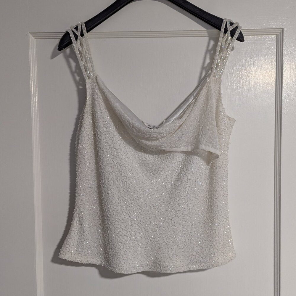 Jkara Cream Elegant Beaded Sleeveless Top, Size L